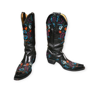 Old Gringo Black Embroidered Floral Distressed Leather Western Boots Size 7.5